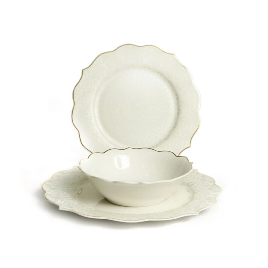 סט צלחות 18 חל' לבן זהב תחרה דגם VALERIE BONE CHINA