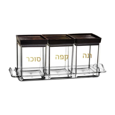 סט תה קפה סוכר אקרילי מכסה עץ+מגש